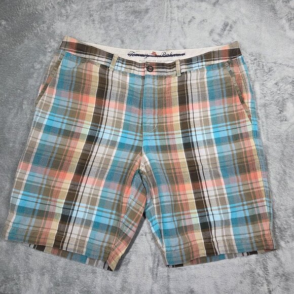 Tommy Bahama Shorts Mens 38 Blue Tan Plaid Linen Blend Beachy Casual - Picture 2 of 8